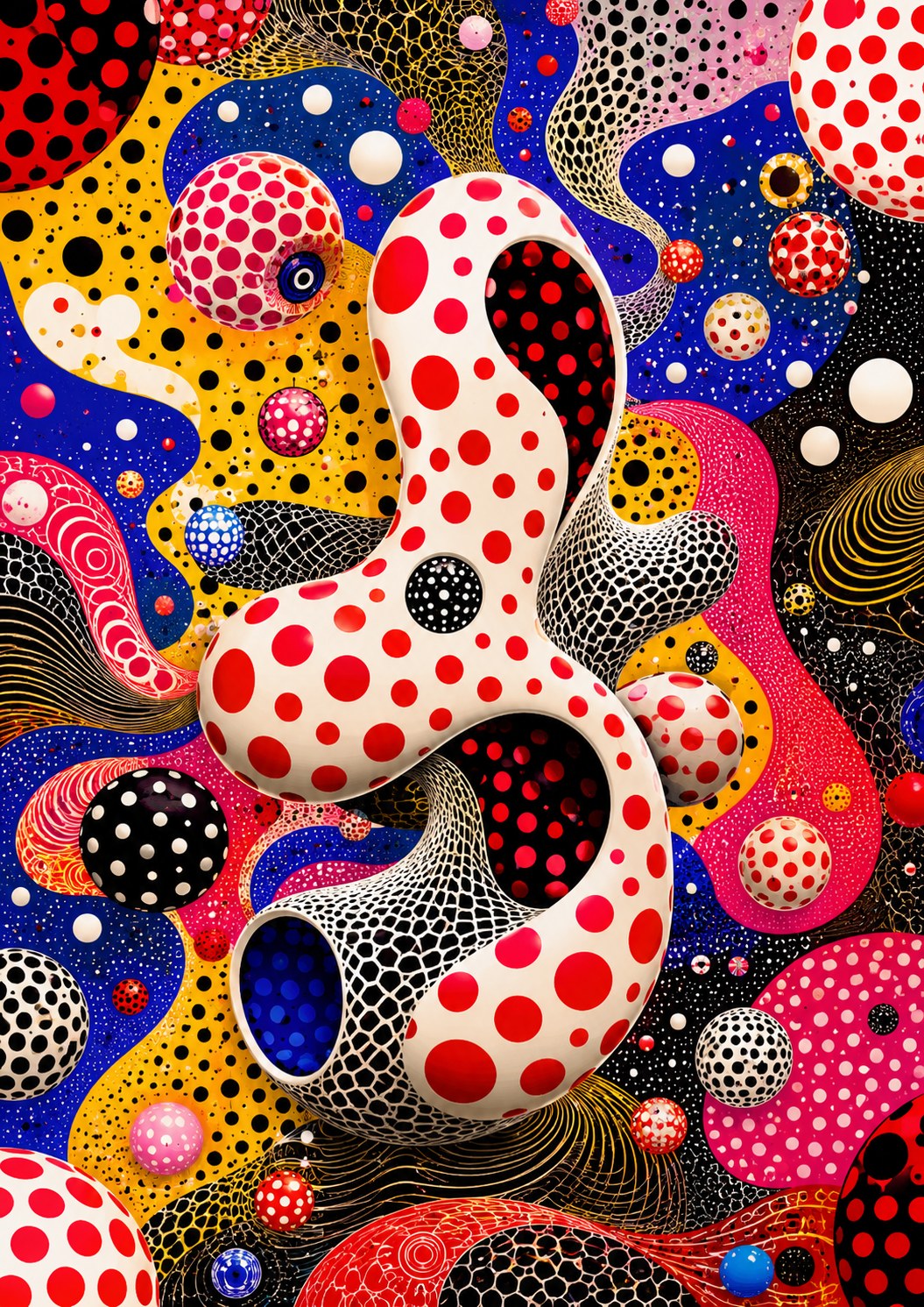 Colorful abstract TIO2 artwork with sculptural forms and red, blue, yellow, black, and white dotted patterns.